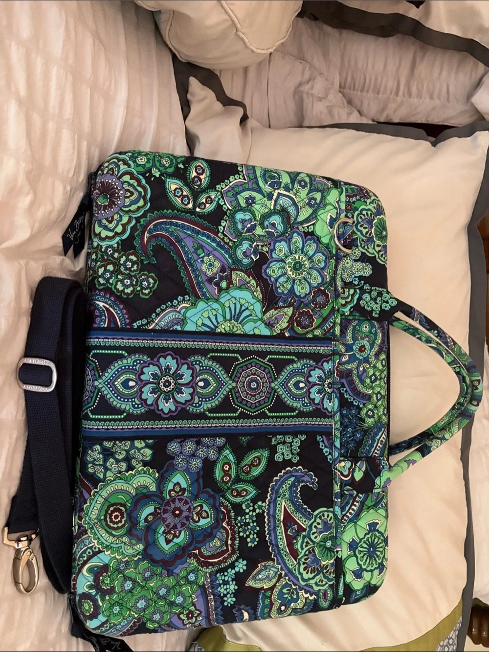 Vera Bradley Quilted Paisley Laptop Tote in Navy, Green & Teal